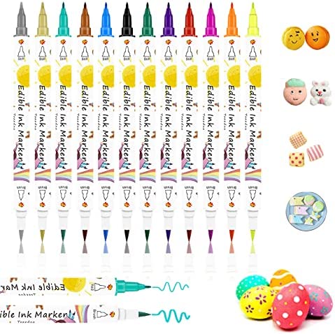Edible Markers Food Coloring Pens 12Pcs,Dual Sided Food Grade and Edible Pens with Fine&Thick Tip,Edible Gourmet Writer for Decorating Cake,Cookies,Fondant,Frosting,Easter Eggs,Painting,Drawing,Baking