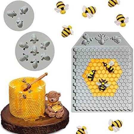 Edible Honeycomb Silicone Molds, 7 Cavity Bumble Bee Fondant Mold, 3 Cavity Bee Miraculous Candy Decorations Mould, DIY Beehive Cake Baking Mold, Wedding Chocolate Sugar Cube Mold, Cookies Tools Supplies(3Pcs)