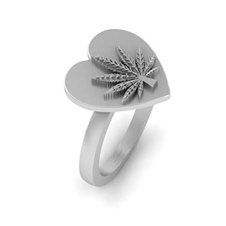 Heart Base Marijuana Leaf Wedding Ring Solid 14k White Gold Marijuana Ring Stoner Jewelry